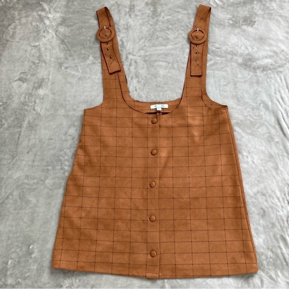 She + Sky Brown Faux Suede Grid Overall Skirt Pinafore Adjustable Straps Large